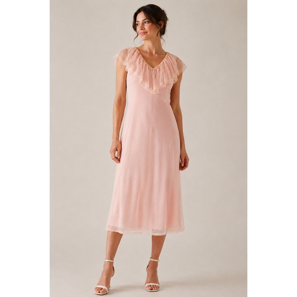 American Glamour Badgley Mischka Dresses & Skirts - American Glamour Badgley Mischka Pink Mesh Sequin Ruffle Midi Dress  Medium